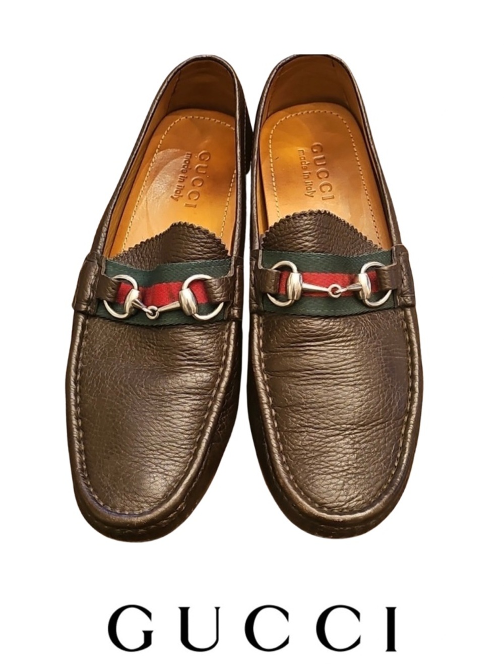 GUCCI - Brown Leather Driving Loafers with Green & Red and Silver Horse-bit, 9